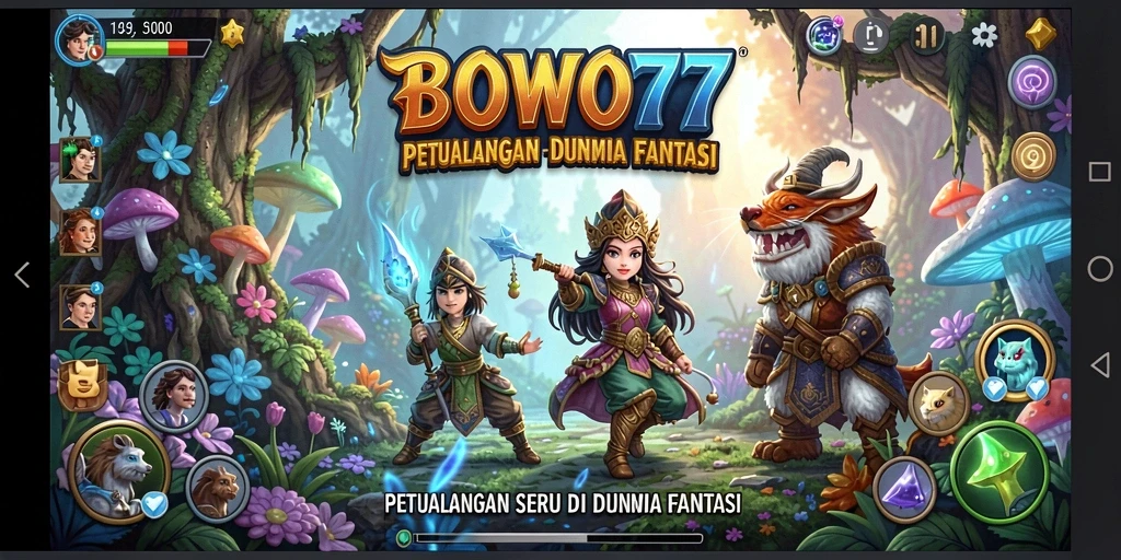 Tampilan gameplay <strong>BOWO77</strong> yang menampilkan karakter menjelajah dunia fantasi.