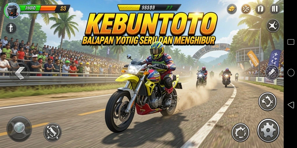 Screenshot gameplay KEBUNTOTO menampilkan balapan motor yang seru.