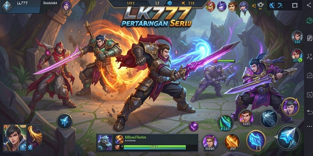 Screenshot gameplay LK777 yang mendebarkan dalam pertempuran MOBA.