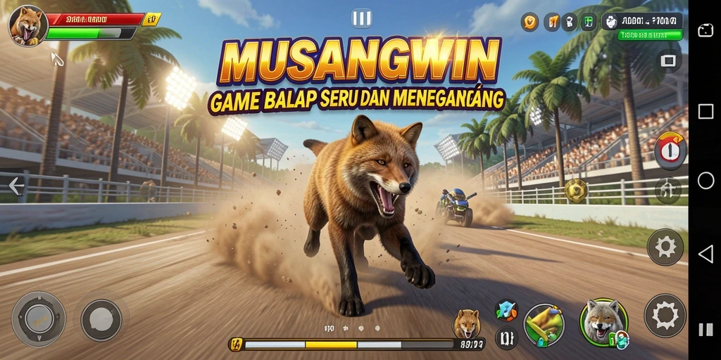 Screenshot gameplay MUSANGWIN menampilkan aksi balap yang mendebarkan.