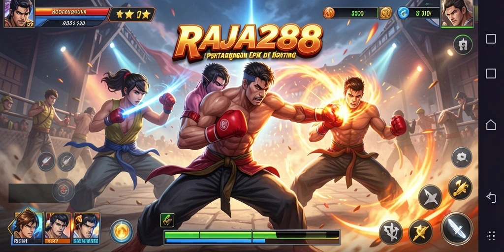 Tangkapan layar gameplay RAJA288 menampilkan pertarungan seru antara karakter-karakter kuat.
