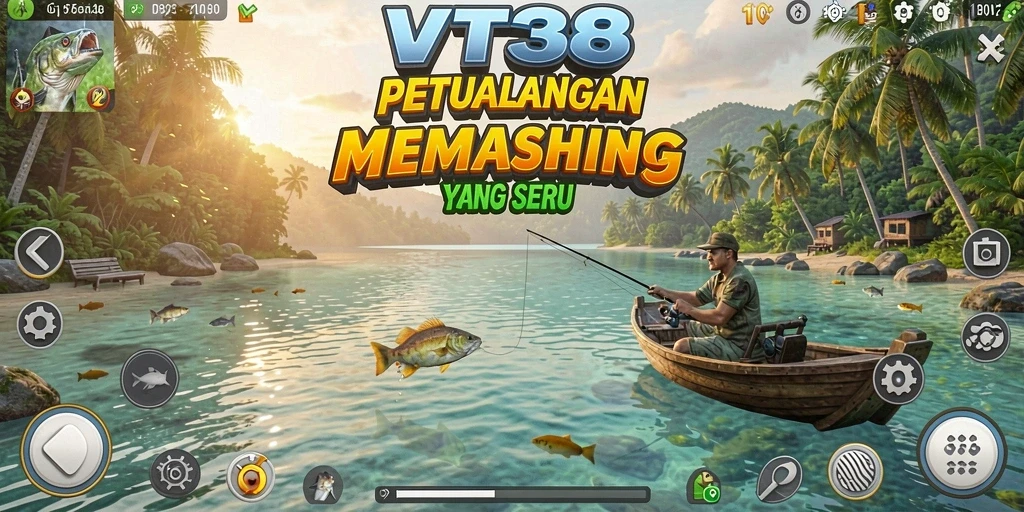 Tampilan gameplay VT38 yang menampilkan ikan dan pemandangan yang indah.