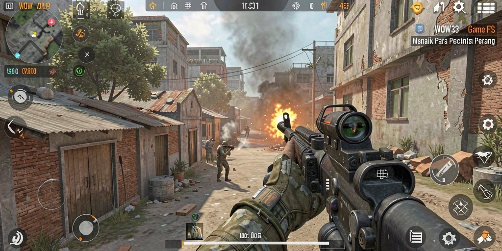 Tampilan gameplay WOW33 yang intens dalam pertempuran FPS.